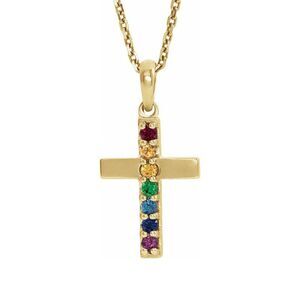 14K Yellow Gold Multi-Gemstone Petite Cross Necklace, 16-18 Inch